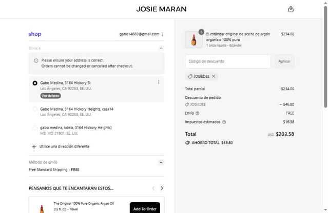 Josie Maran checkout page showing Josie Maran discount code box | Screenshot taken by SimplyCodes community member on Sep 14, 2025