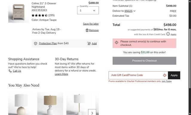 Joss & Main checkout page showing Joss & Main promo code box | Screenshot taken by SimplyCodes community member on Aug 17, 2025