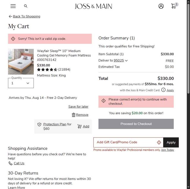 Joss & Main checkout page showing Joss & Main promo code box | Screenshot taken by SimplyCodes community member on Aug 13, 2025