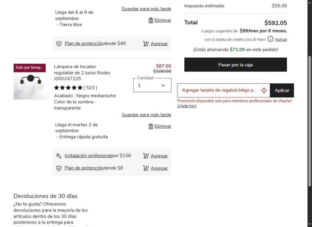 Joss & Main checkout page showing Joss & Main promo code box | Screenshot taken by SimplyCodes community member on Aug 31, 2025