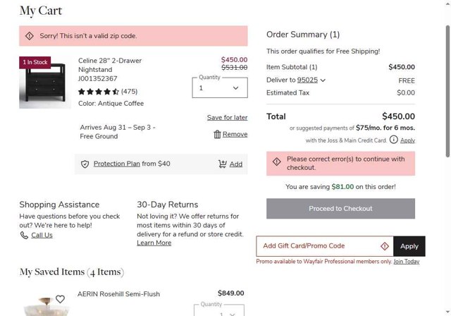 Joss & Main checkout page showing Joss & Main promo code box | Screenshot taken by SimplyCodes community member on Aug 27, 2025
