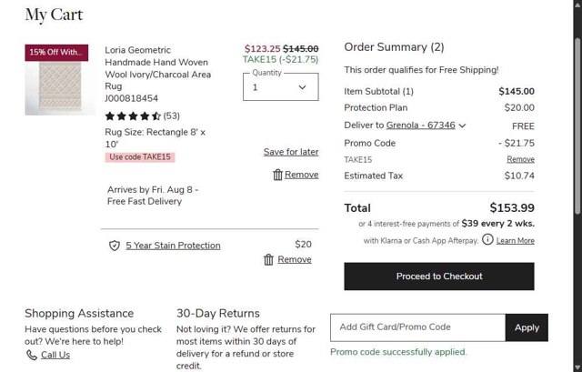 Joss & Main checkout page showing Joss & Main promo code box | Screenshot taken by SimplyCodes community member on Aug 4, 2025