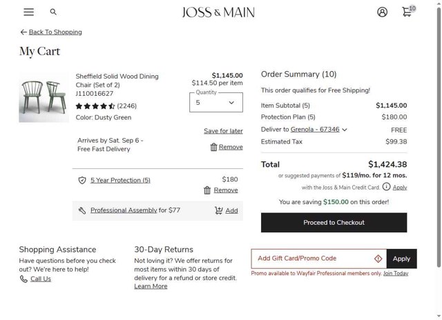 Joss & Main checkout page showing Joss & Main promo code box | Screenshot taken by SimplyCodes community member on Sep 4, 2025