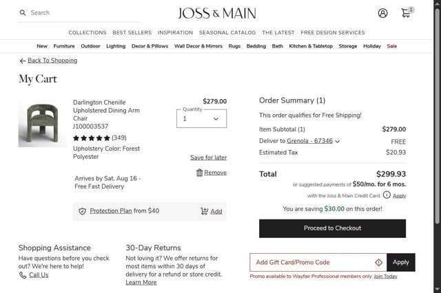Joss & Main checkout page showing Joss & Main promo code box | Screenshot taken by SimplyCodes community member on Aug 11, 2025