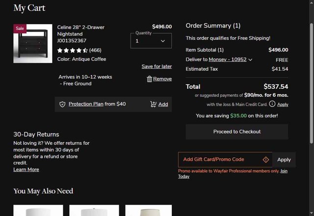 Joss & Main checkout page showing Joss & Main promo code box | Screenshot taken by SimplyCodes community member on Aug 22, 2025