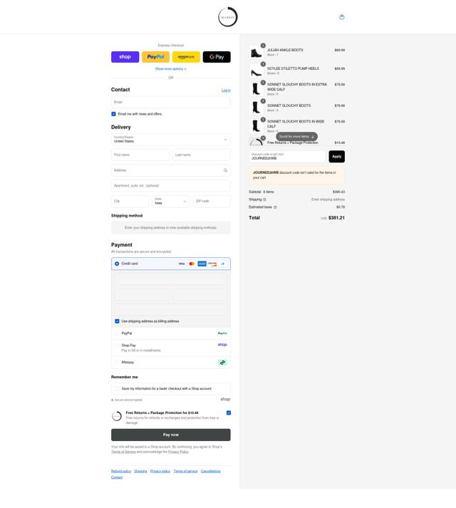 Journee Collection checkout page showing Journee Collection discount code box | Screenshot taken by SimplyCodes community member on Sep 8, 2025