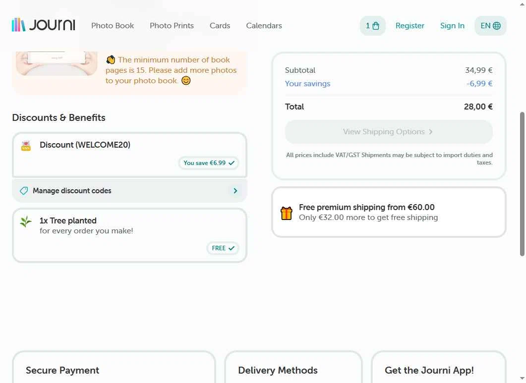 Journi checkout page showing Journi discount code box | Screenshot taken by SimplyCodes community member on Jan 6, 2026