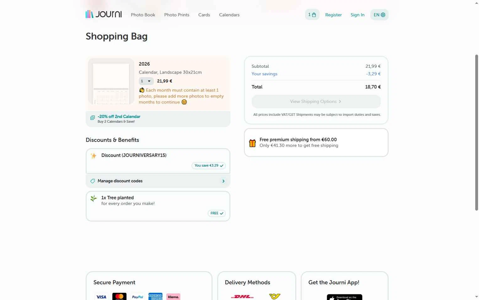 Journi checkout page showing Journi discount code box | Screenshot taken by SimplyCodes community member on Jan 7, 2026