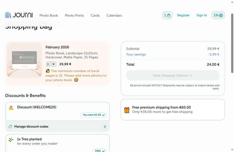 Journi checkout page showing Journi discount code box | Screenshot taken by SimplyCodes community member on Feb 4, 2026