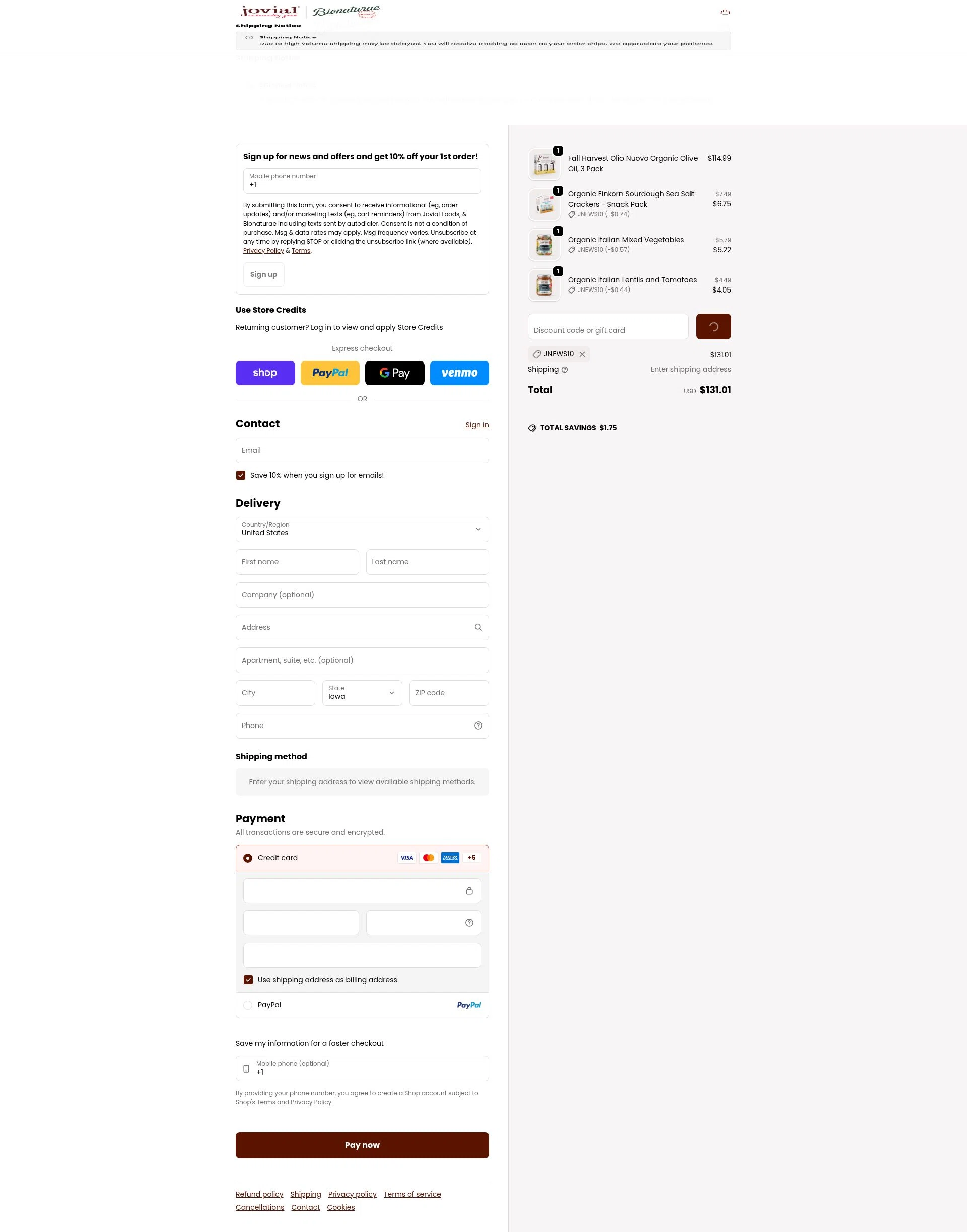 Jovial Foods checkout page showing Jovial Foods discount code box | Screenshot taken by SimplyCodes community member on Feb 6, 2026