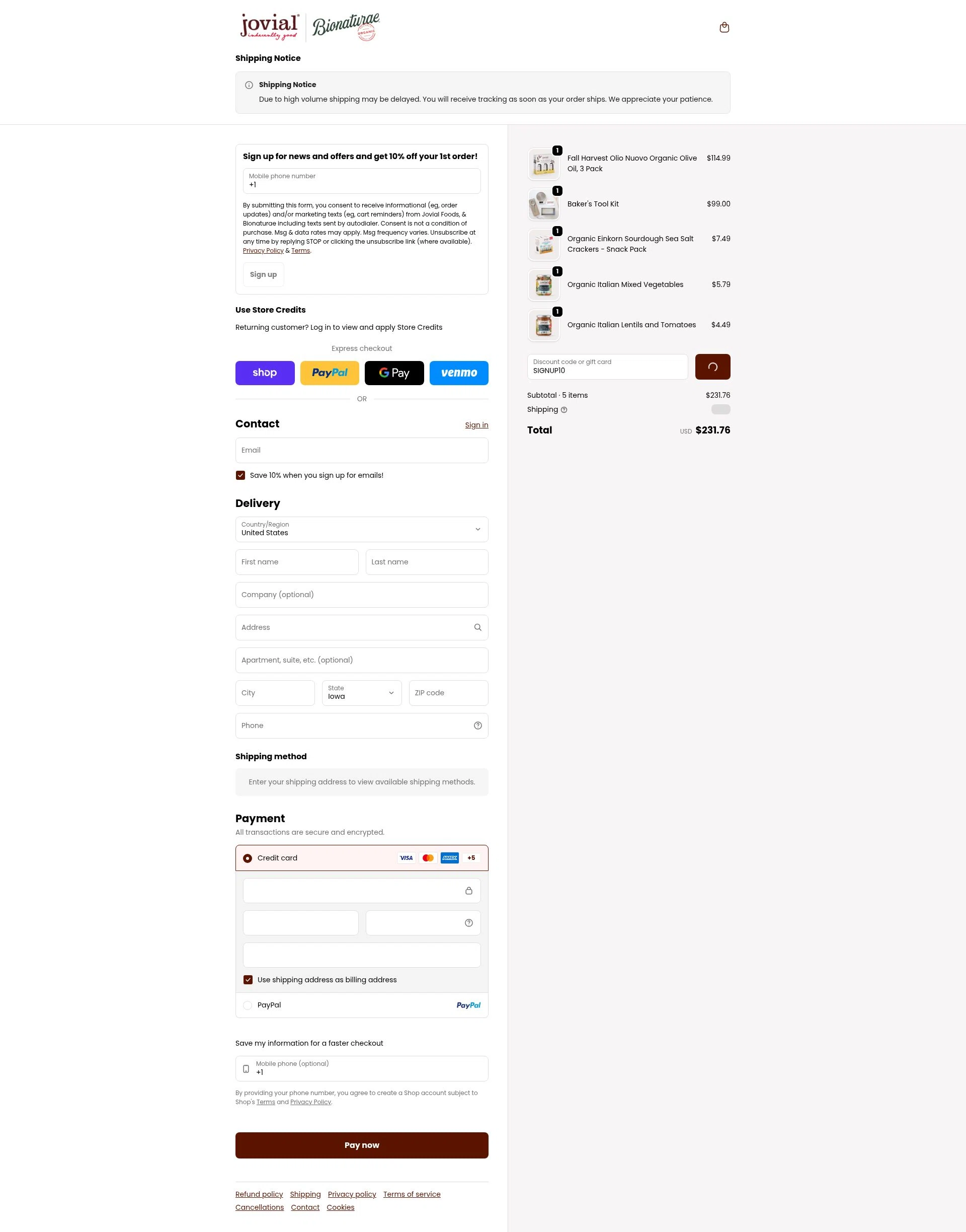 Jovial Foods checkout page showing Jovial Foods discount code box | Screenshot taken by SimplyCodes community member on Feb 2, 2026