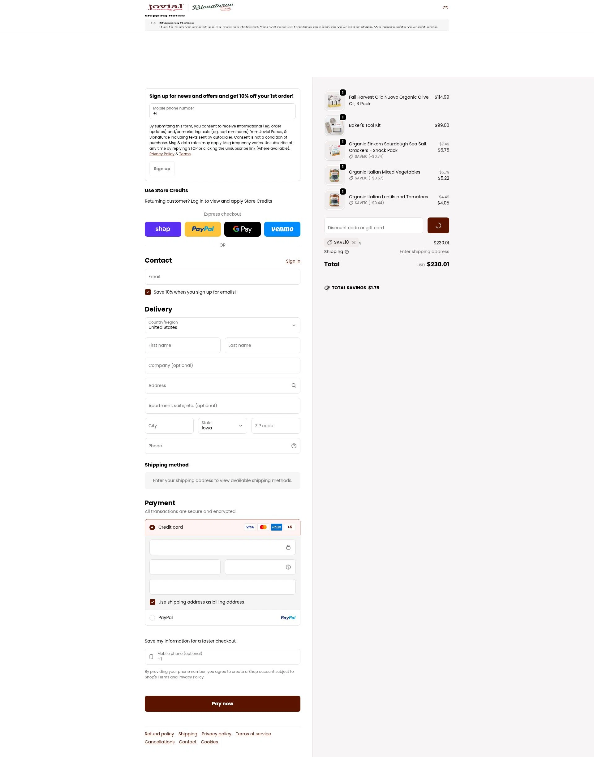 Jovial Foods checkout page showing Jovial Foods discount code box | Screenshot taken by SimplyCodes community member on Feb 2, 2026