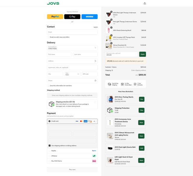 JOVS checkout page showing JOVS promo code box | Screenshot taken by SimplyCodes community member on Aug 14, 2025