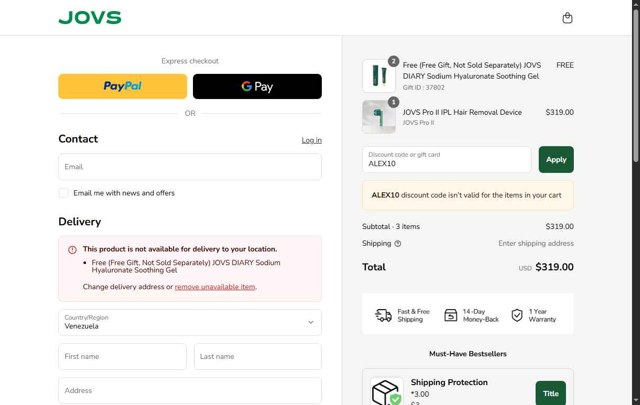 JOVS checkout page showing JOVS promo code box | Screenshot taken by SimplyCodes community member on Aug 16, 2025