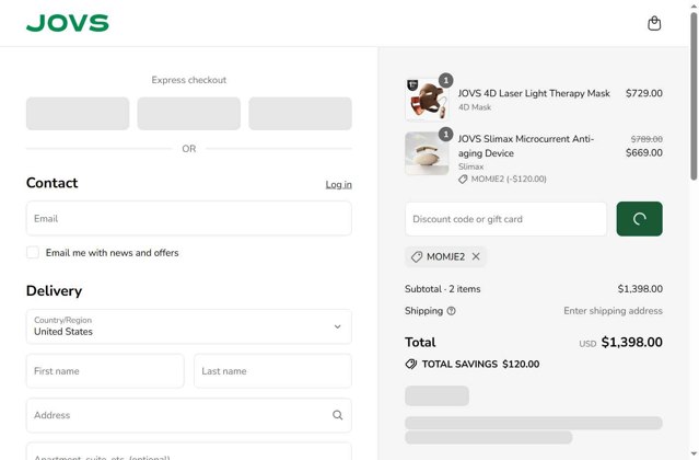 JOVS checkout page showing JOVS promo code box | Screenshot taken by SimplyCodes community member on Aug 31, 2025