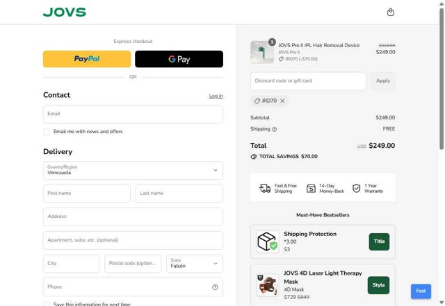 JOVS checkout page showing JOVS promo code box | Screenshot taken by SimplyCodes community member on Aug 27, 2025