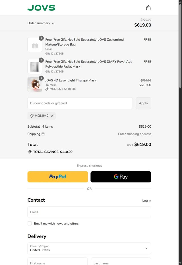 JOVS checkout page showing JOVS promo code box | Screenshot taken by SimplyCodes community member on Aug 16, 2025