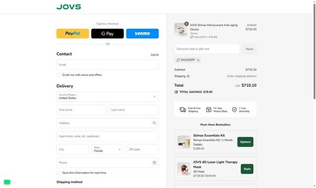 JOVS checkout page showing JOVS promo code box | Screenshot taken by SimplyCodes community member on Aug 18, 2025
