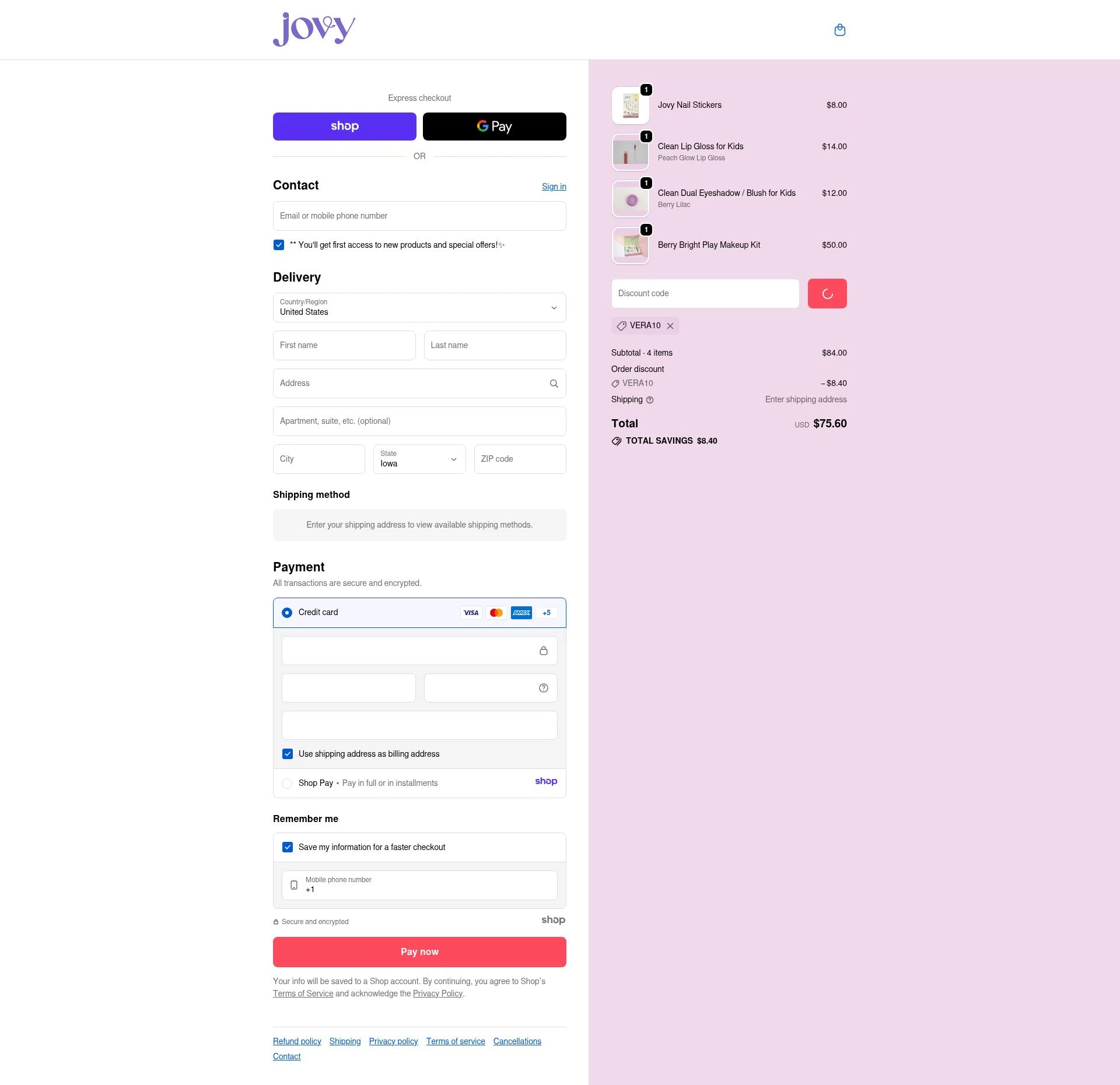 Jovy checkout page showing Jovy promo code box | Screenshot taken by SimplyCodes community member on Jan 8, 2026