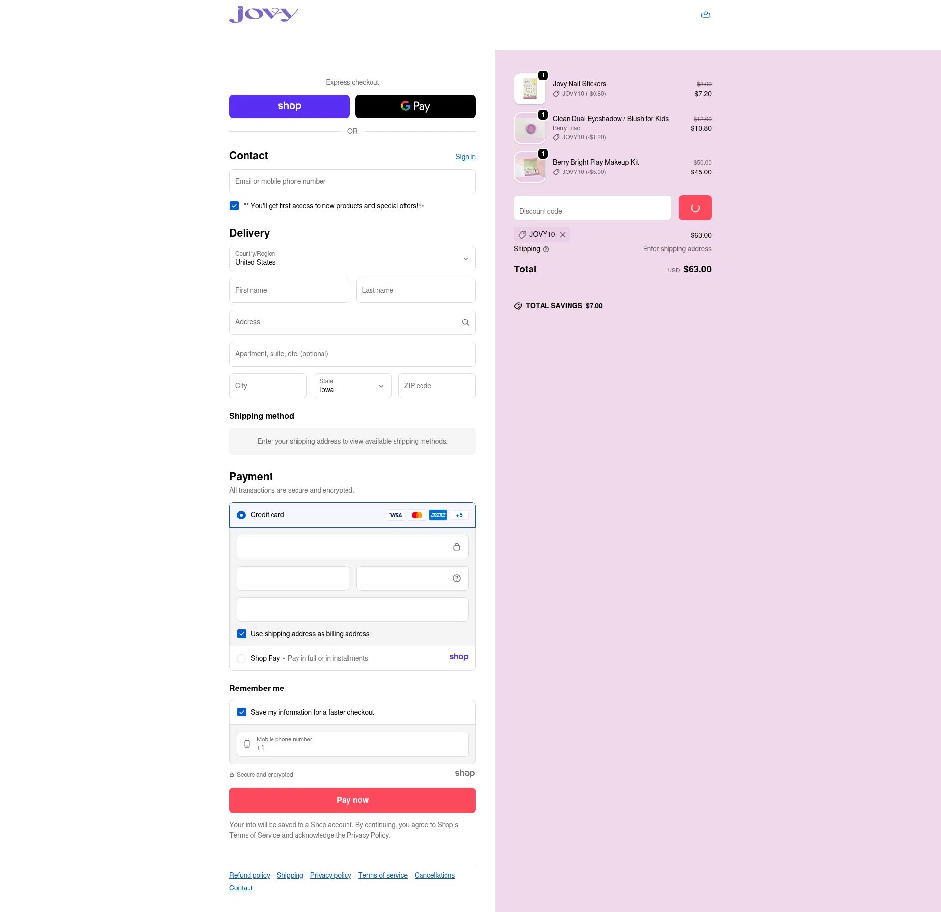 Jovy checkout page showing Jovy promo code box | Screenshot taken by SimplyCodes community member on Dec 29, 2025