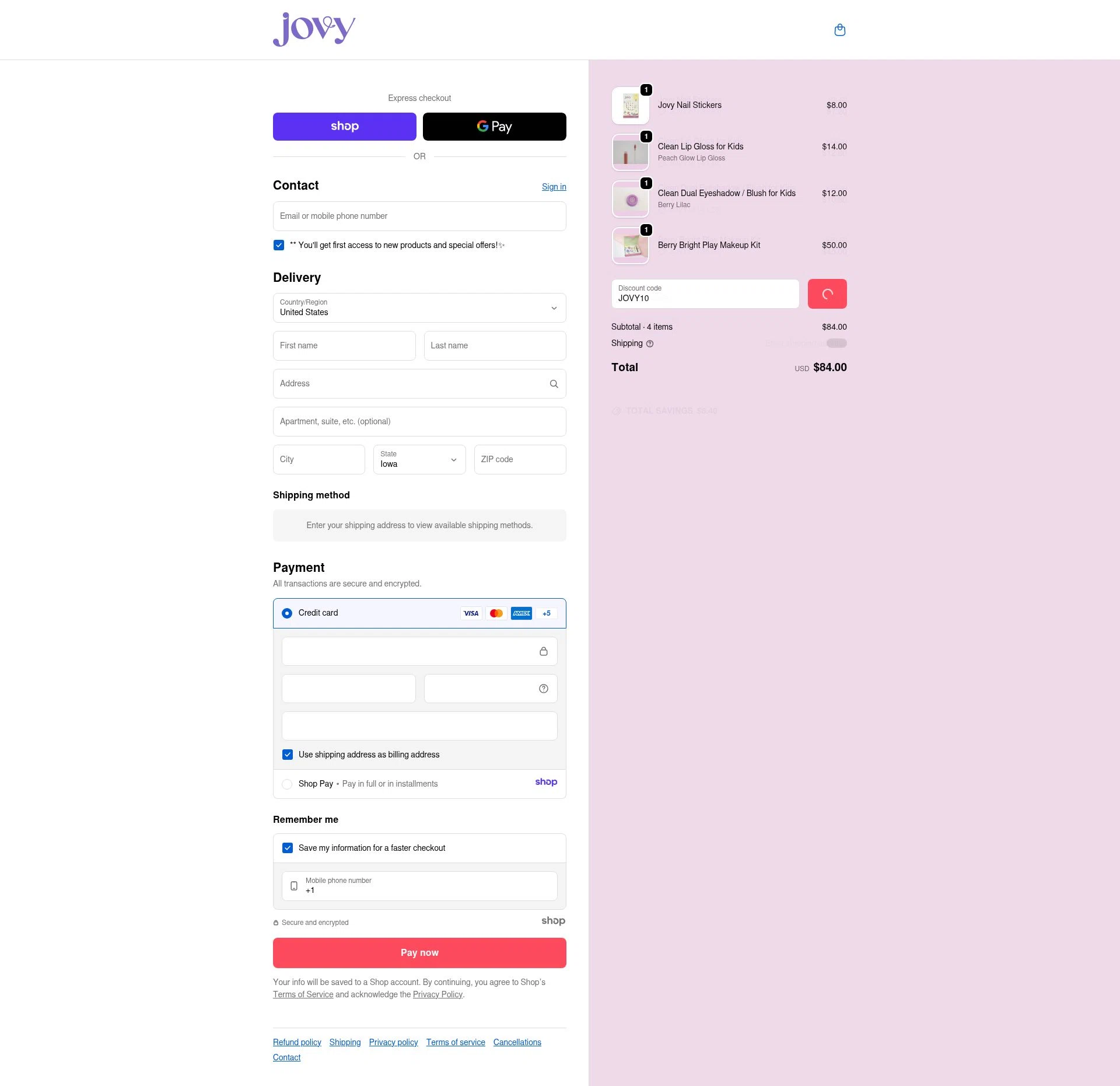 Jovy checkout page showing Jovy promo code box | Screenshot taken by SimplyCodes community member on Jan 8, 2026
