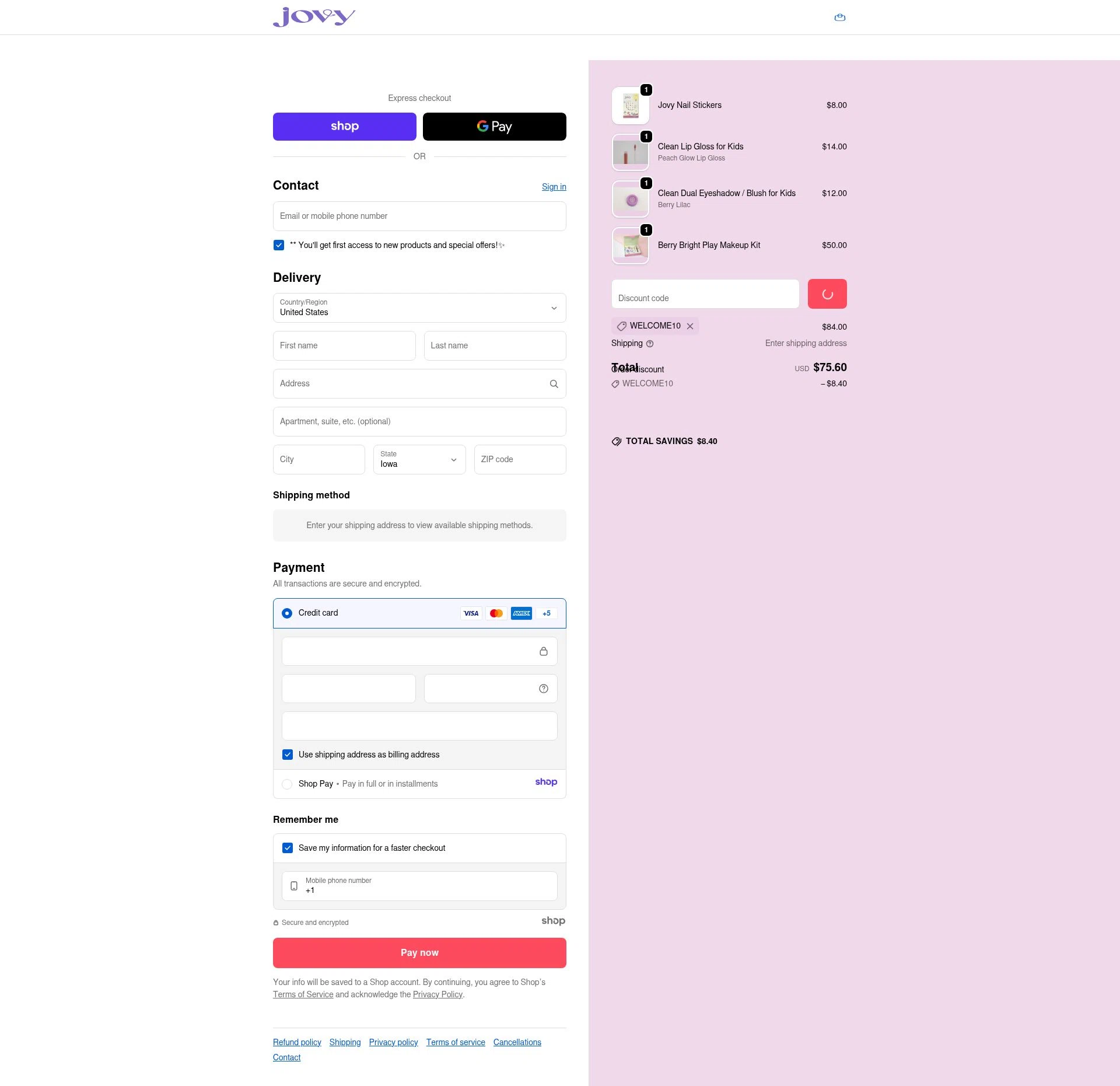 Jovy checkout page showing Jovy promo code box | Screenshot taken by SimplyCodes community member on Jan 8, 2026