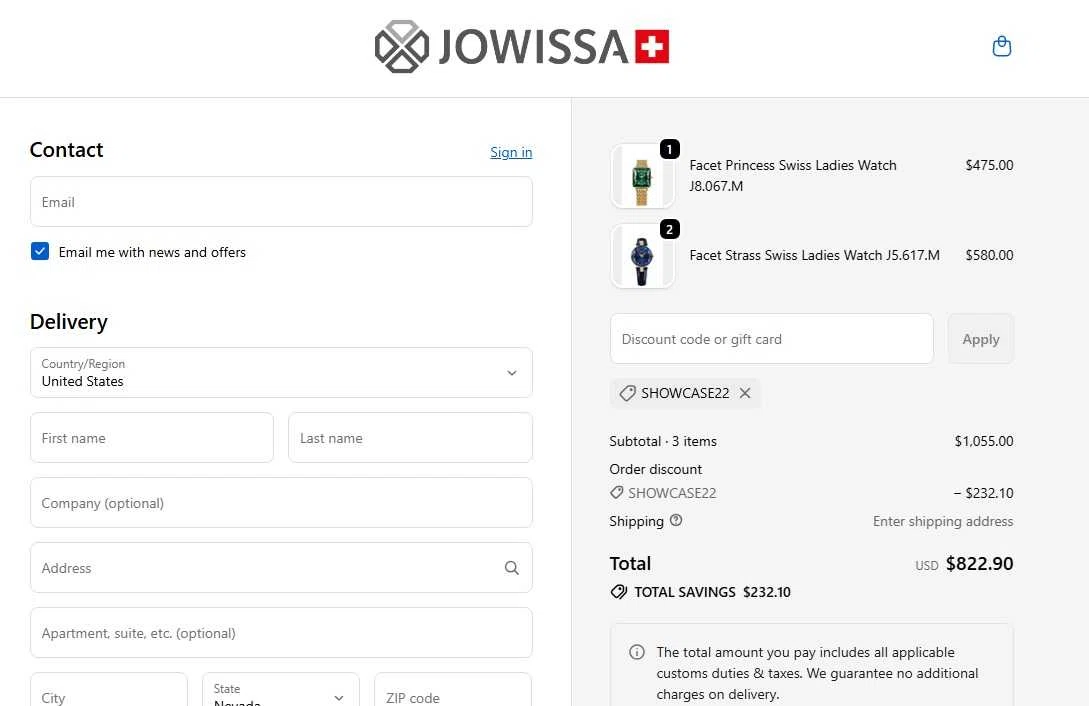 Jowissa promo code screenshot showing code SHOWCASE22 applied at Jowissa checkout page. Uploaded by SimplyCodes community member CleverCollector3021 on Nov 24, 2025