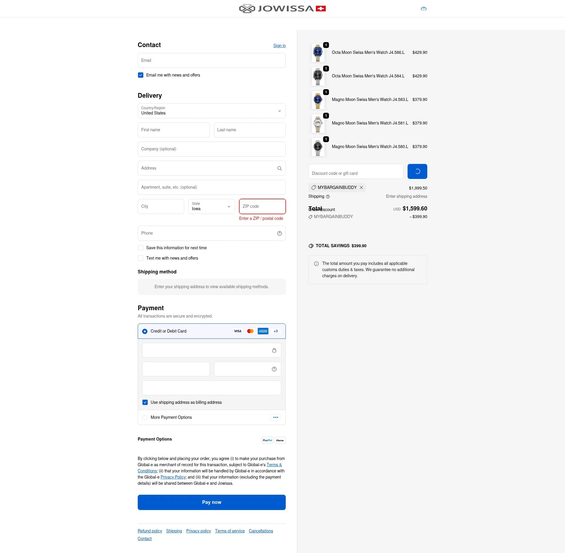 Jowissa checkout page showing Jowissa promo code box | Screenshot taken by SimplyCodes community member on Dec 28, 2025