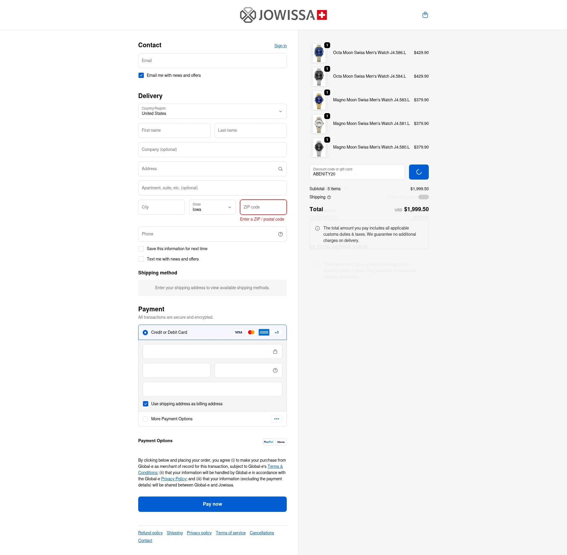 Jowissa checkout page showing Jowissa promo code box | Screenshot taken by SimplyCodes community member on Dec 28, 2025