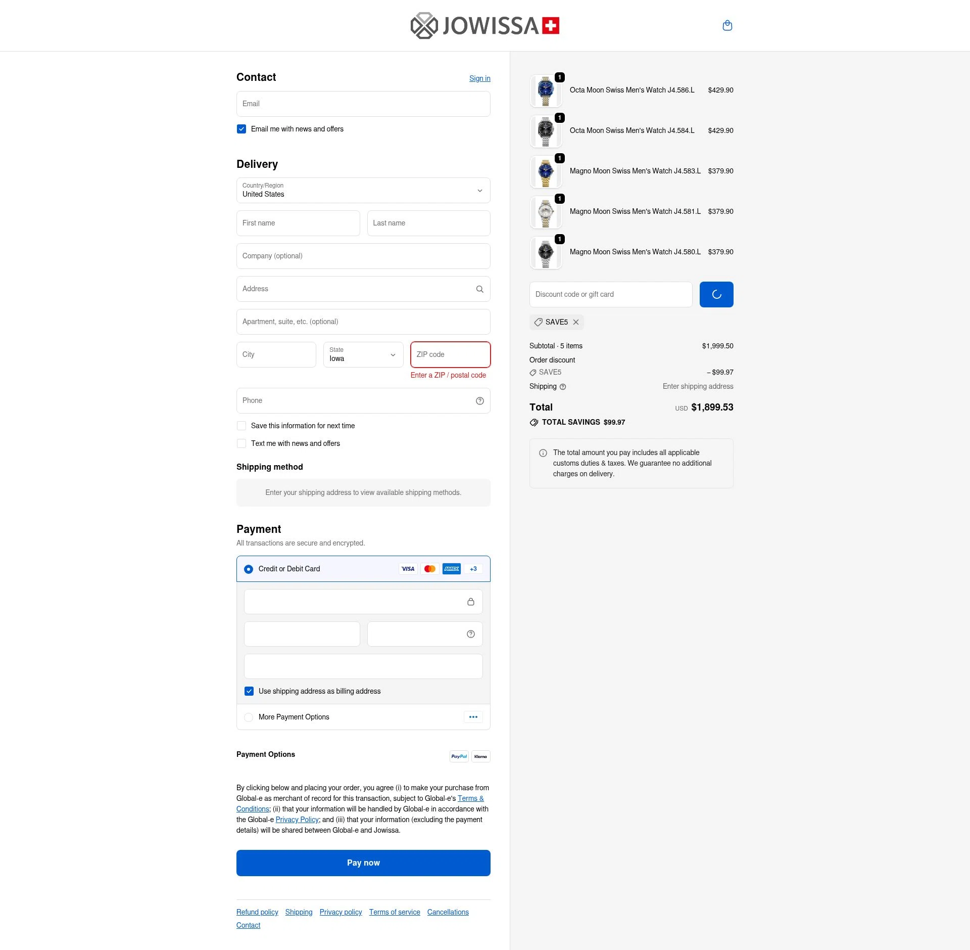 Jowissa checkout page showing Jowissa promo code box | Screenshot taken by SimplyCodes community member on Dec 28, 2025