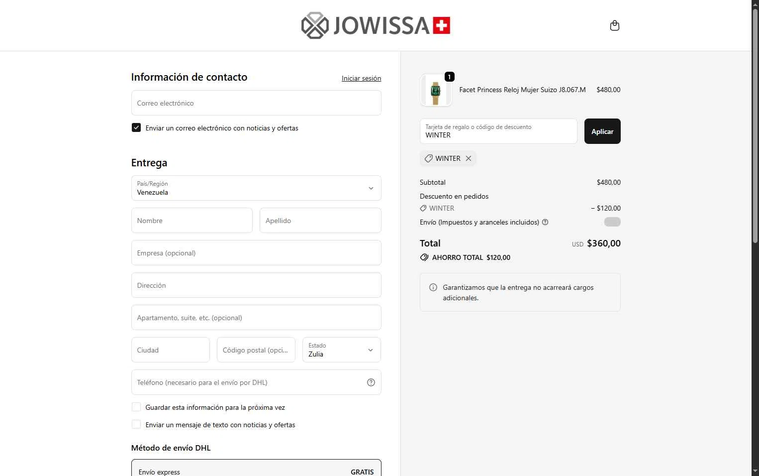 Jowissa checkout page showing Jowissa promo code box | Screenshot taken by SimplyCodes community member on Jan 2, 2026