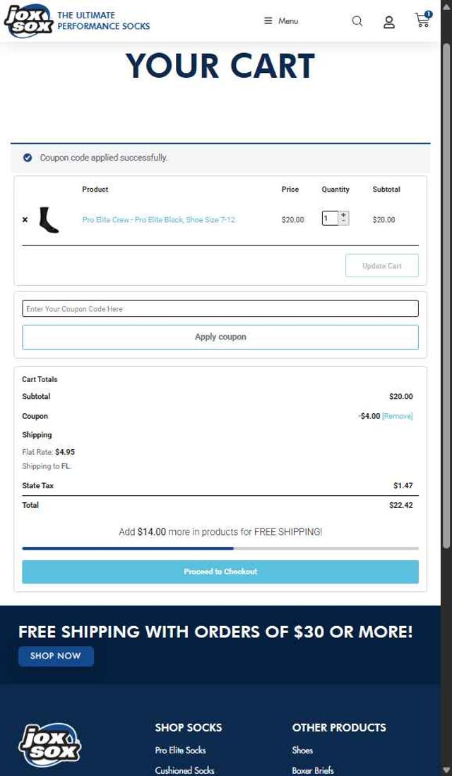 Jox Sox checkout page showing Jox Sox promo code box | Screenshot taken by SimplyCodes community member on Aug 30, 2025