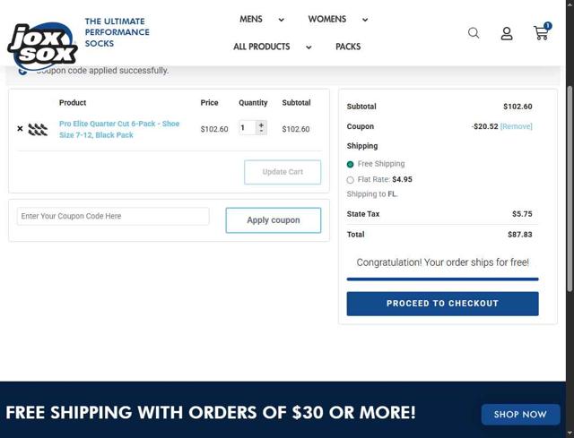 Jox Sox checkout page showing Jox Sox promo code box | Screenshot taken by SimplyCodes community member on Aug 8, 2025
