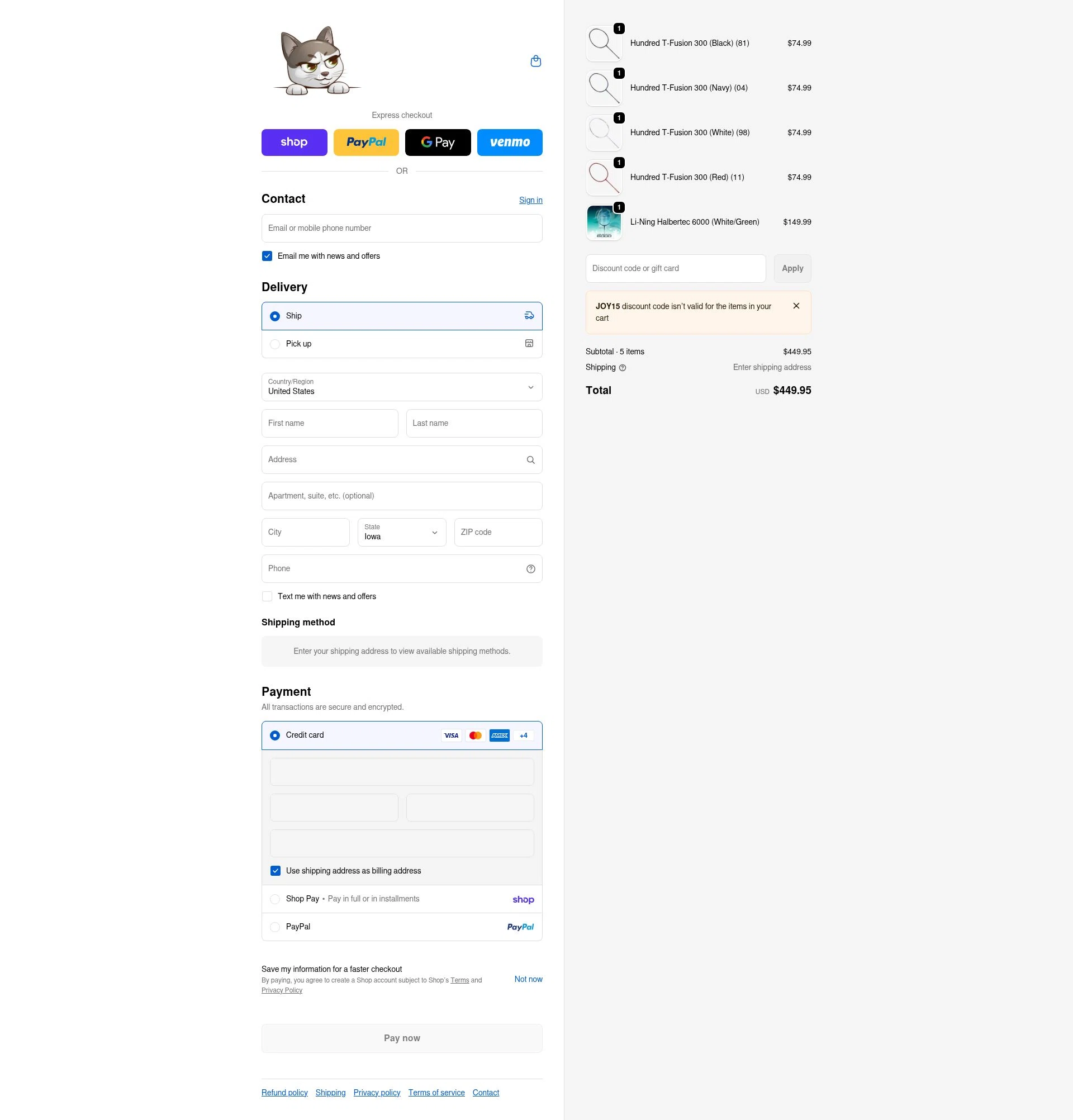 Joy Badminton checkout page showing Joy Badminton discount code box | Screenshot taken by SimplyCodes community member on Feb 17, 2026