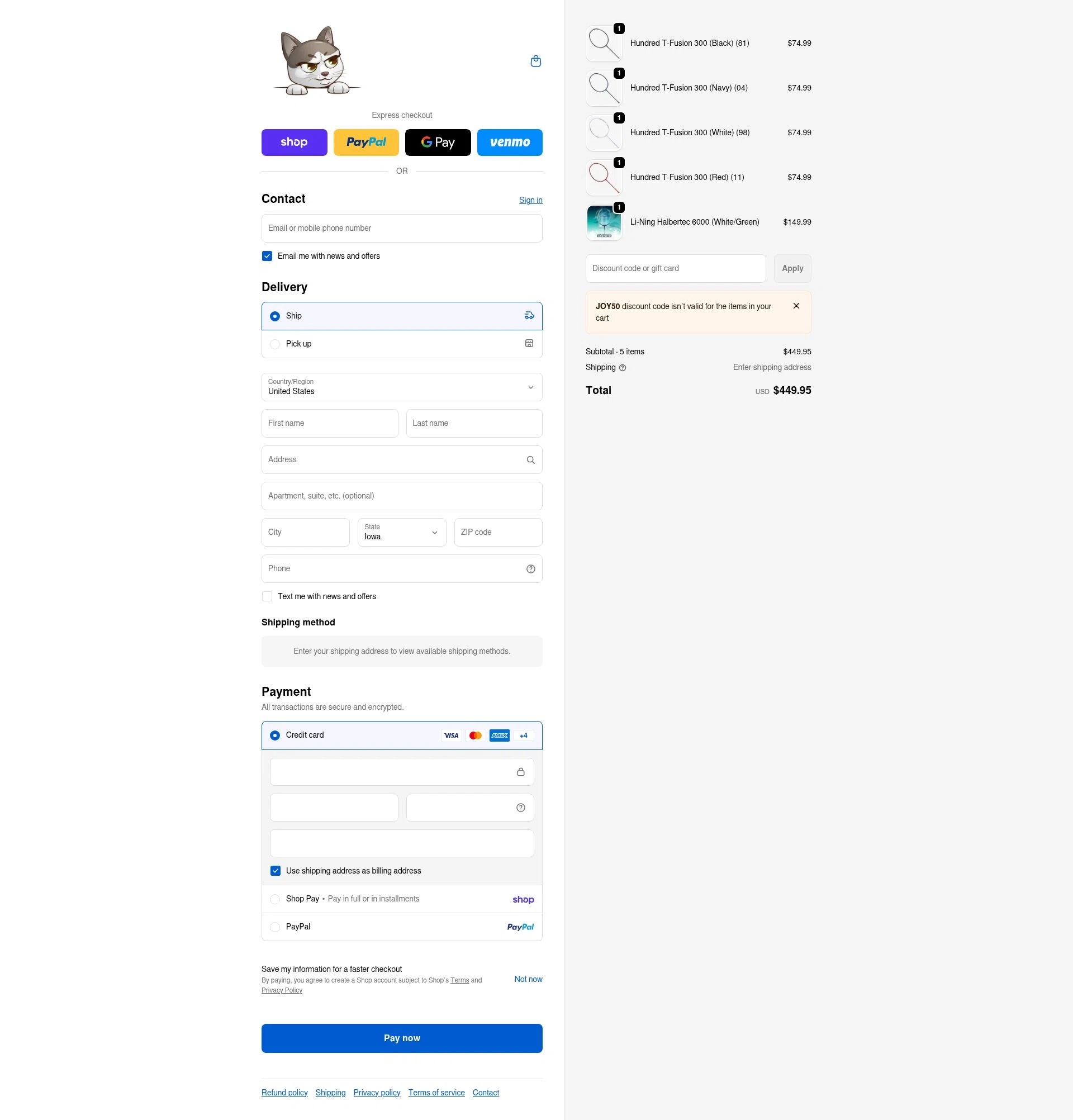 Joy Badminton checkout page showing Joy Badminton discount code box | Screenshot taken by SimplyCodes community member on Feb 17, 2026