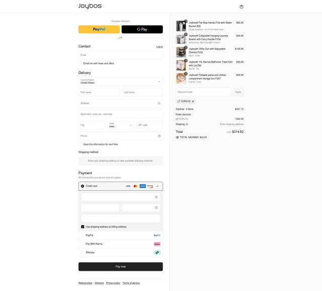 Joybos checkout page showing Joybos discount code box | Screenshot taken by SimplyCodes community member on Sep 8, 2025