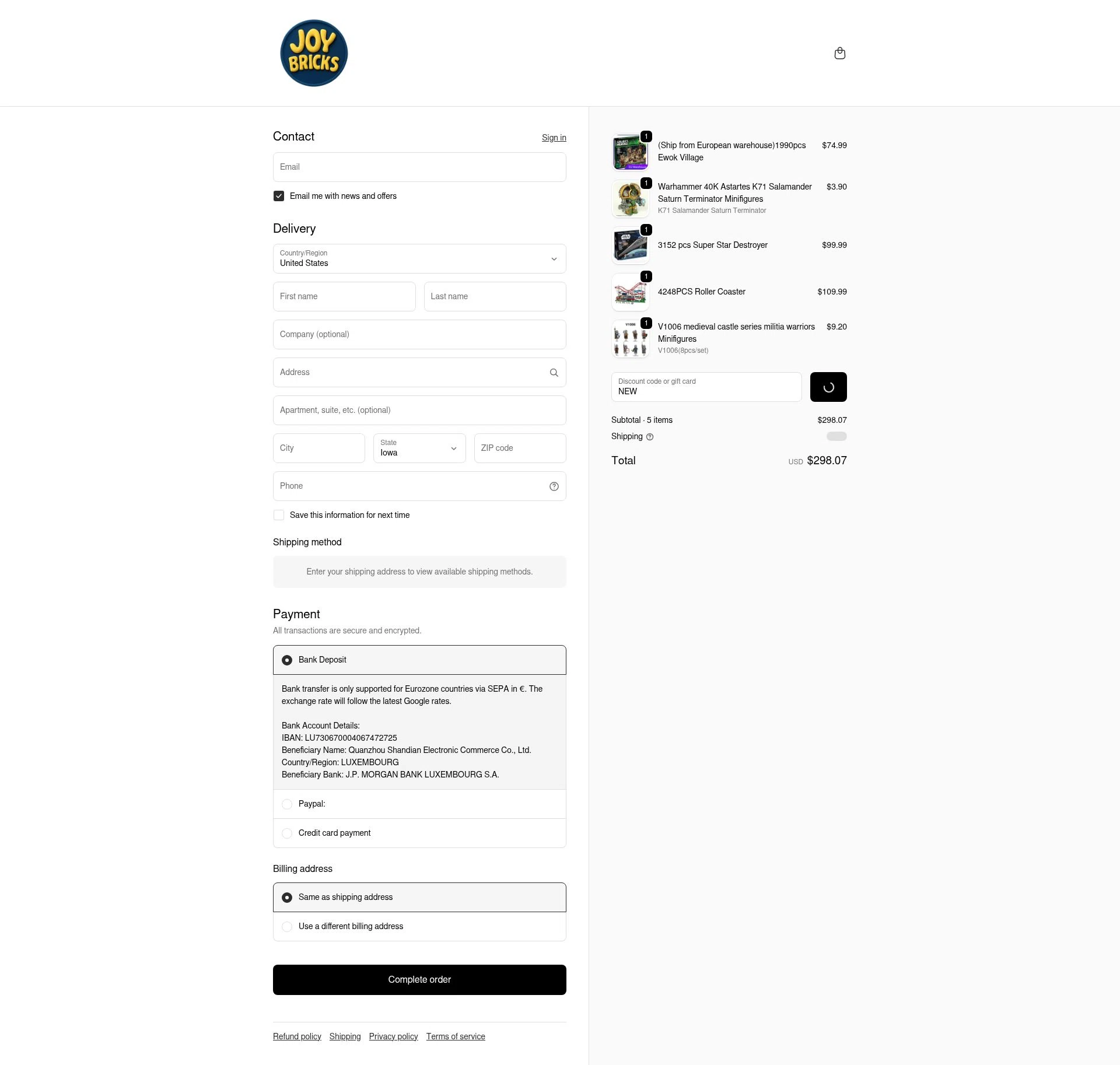 JOY Bricks checkout page showing JOY Bricks discount code box | Screenshot taken by SimplyCodes community member on Feb 5, 2026