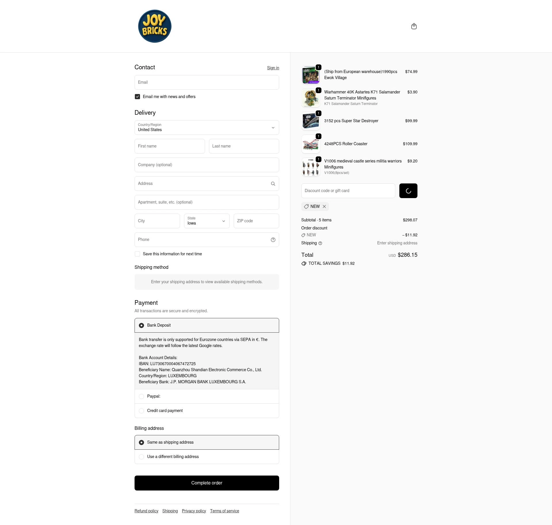 JOY Bricks checkout page showing JOY Bricks discount code box | Screenshot taken by SimplyCodes community member on Feb 1, 2026