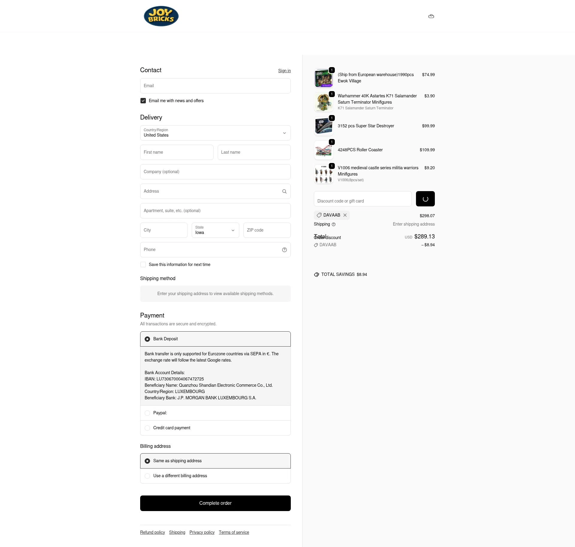 JOY Bricks checkout page showing JOY Bricks discount code box | Screenshot taken by SimplyCodes community member on Feb 5, 2026
