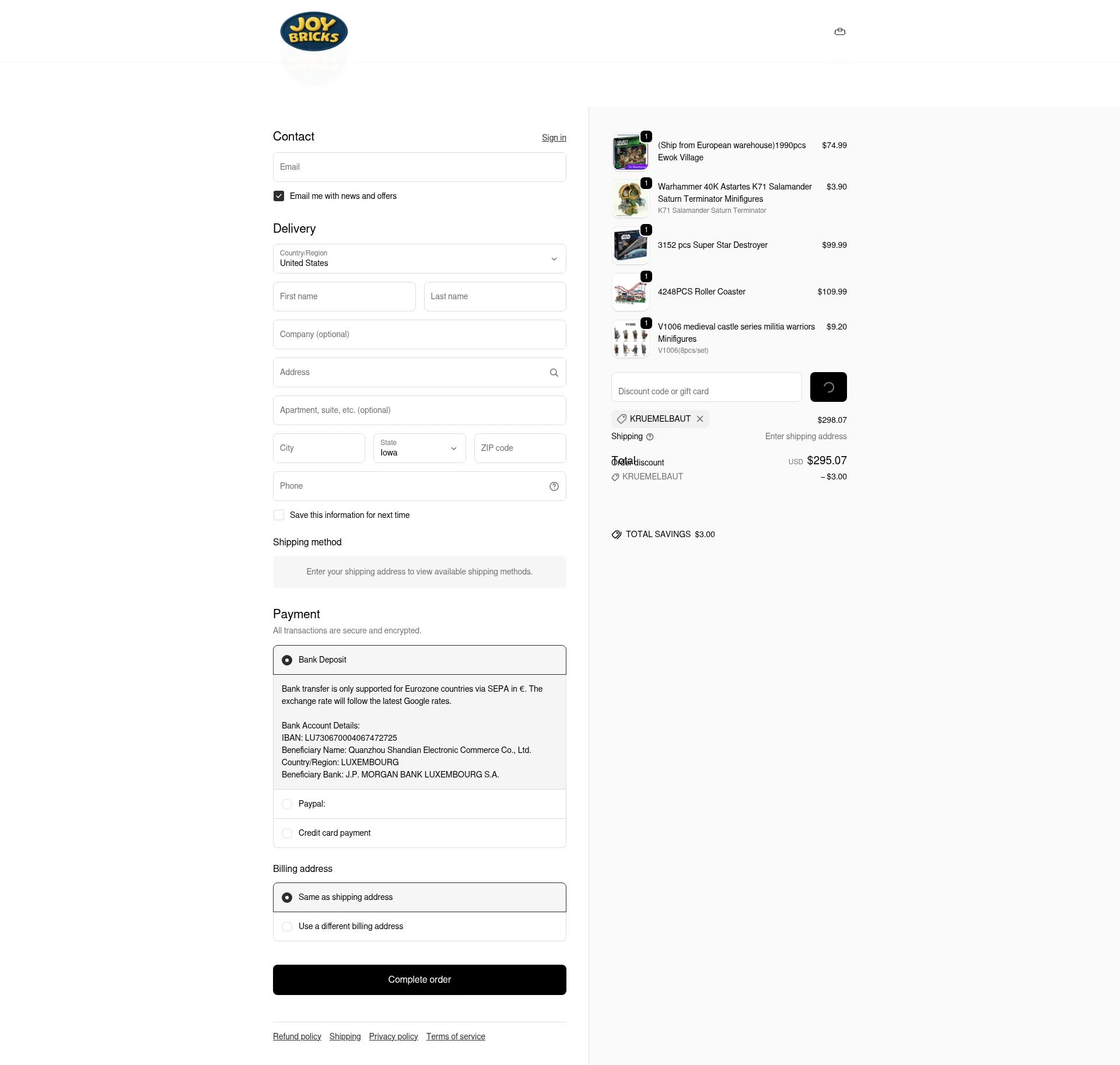 JOY Bricks checkout page showing JOY Bricks discount code box | Screenshot taken by SimplyCodes community member on Feb 1, 2026