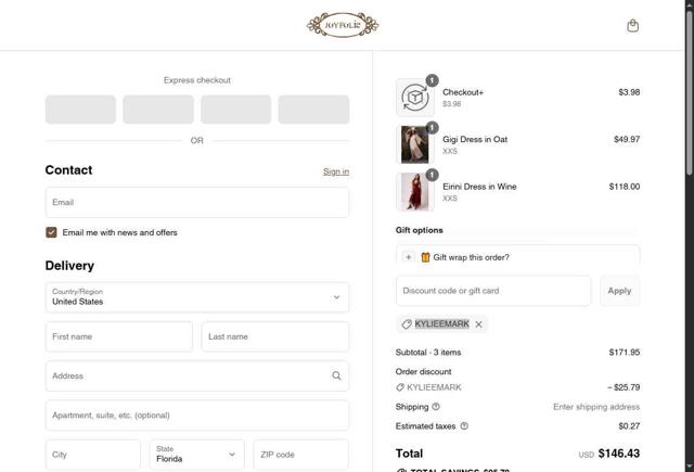 Joyfolie checkout page showing Joyfolie coupon code box | Screenshot taken by SimplyCodes community member on Sep 13, 2025