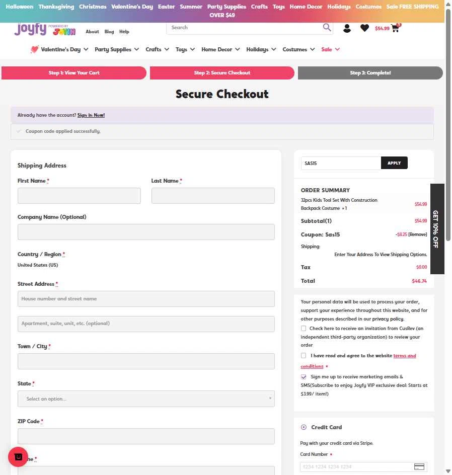 Joyfy checkout page showing Joyfy promo code box | Screenshot taken by SimplyCodes community member on Jan 7, 2026