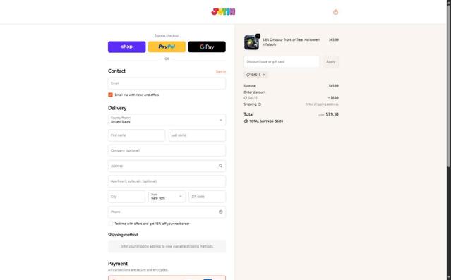 Joyin Inc checkout page showing Joyin Inc promo code box | Screenshot taken by SimplyCodes community member on Oct 7, 2025