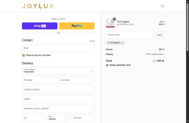 Joylux checkout page showing Joylux discount code box | Screenshot taken by SimplyCodes community member on Jul 17, 2025