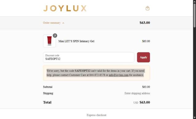 Joylux checkout page showing Joylux discount code box | Screenshot taken by SimplyCodes community member on Aug 16, 2025