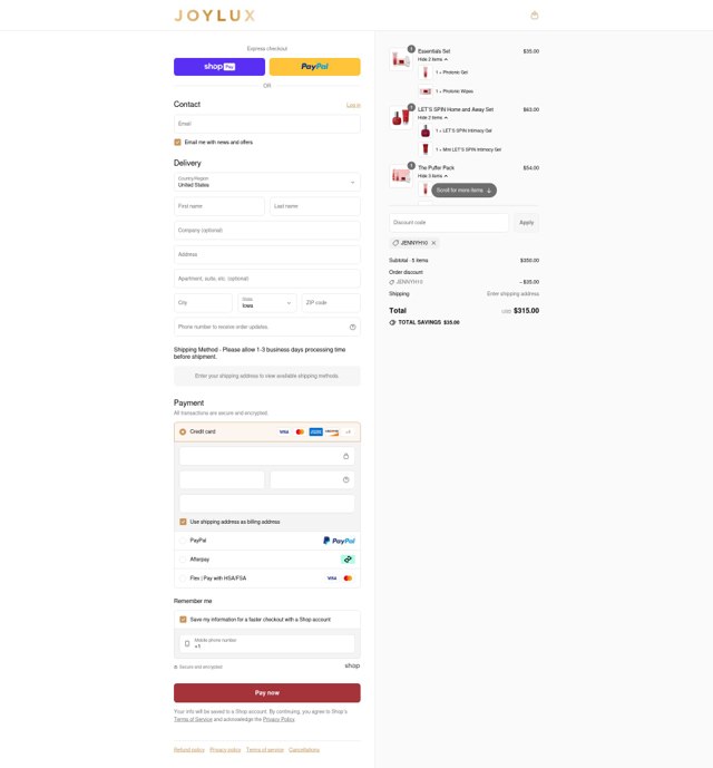 Joylux checkout page showing Joylux discount code box | Screenshot taken by SimplyCodes community member on Jul 26, 2025