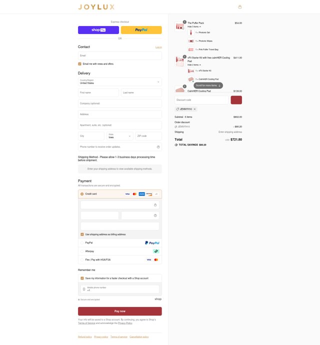 Joylux checkout page showing Joylux discount code box | Screenshot taken by SimplyCodes community member on Jul 17, 2025