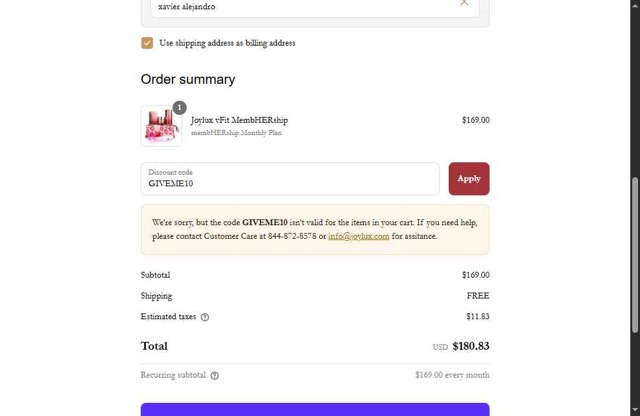 Joylux checkout page showing Joylux discount code box | Screenshot taken by SimplyCodes community member on Aug 17, 2025