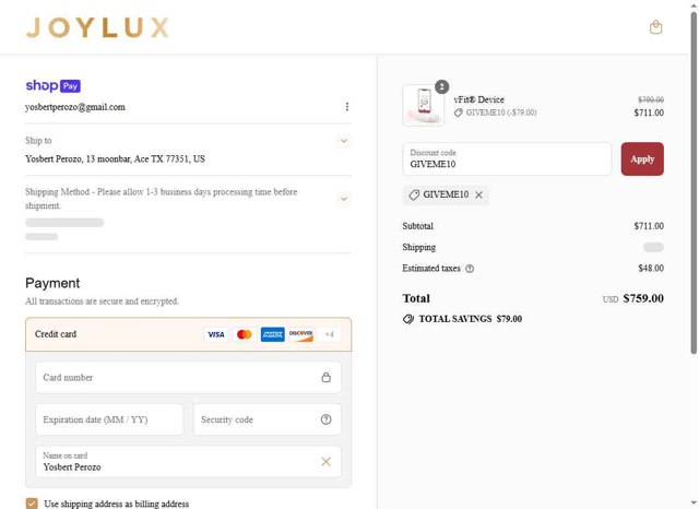 Joylux checkout page showing Joylux discount code box | Screenshot taken by SimplyCodes community member on Jul 17, 2025