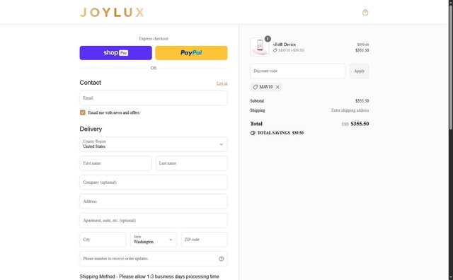 Joylux checkout page showing Joylux discount code box | Screenshot taken by SimplyCodes community member on Jul 16, 2025